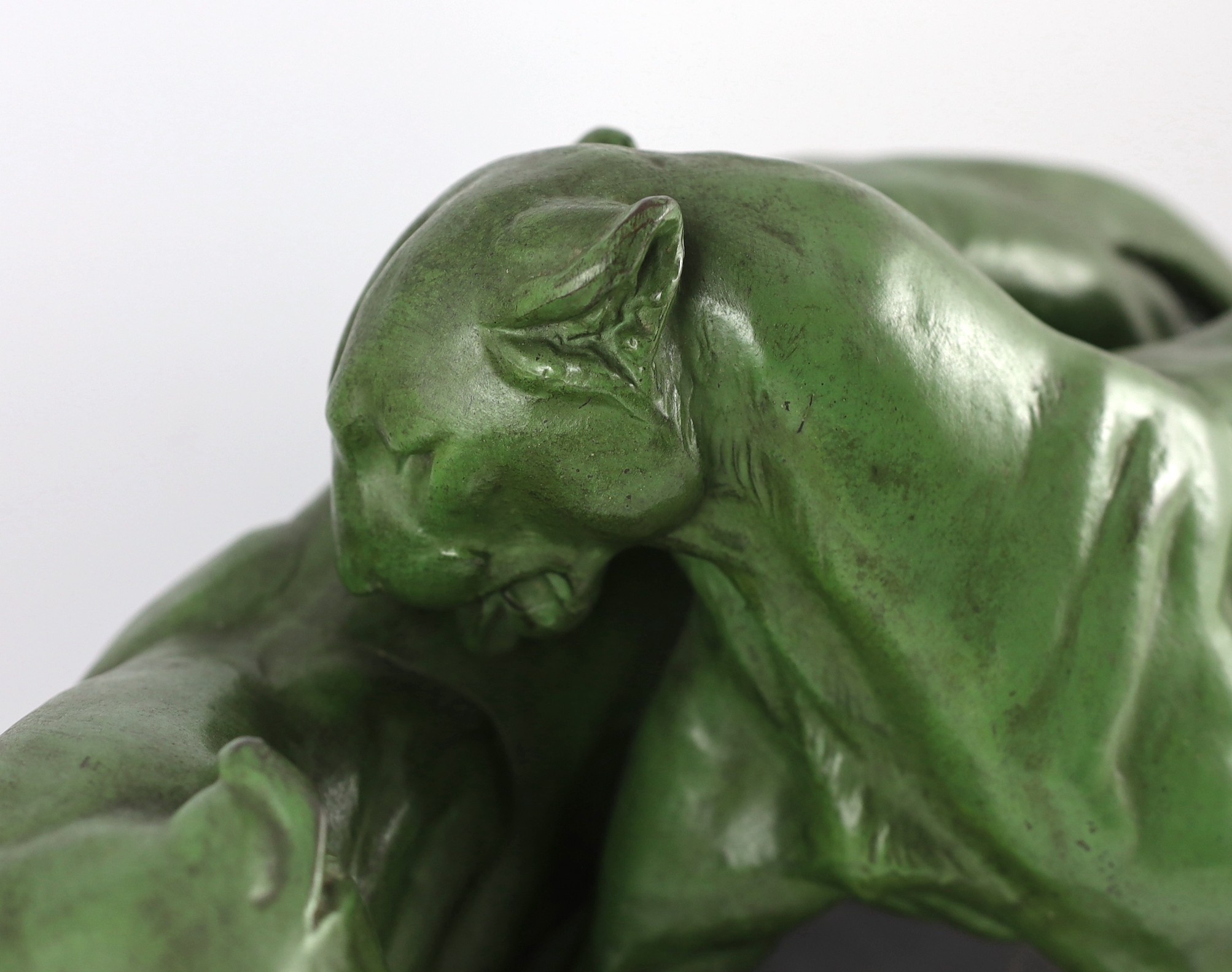 Plagnet. A French Art Deco patinated spelter group of two panthers, 79cm long, 25cm deep, 32cm high